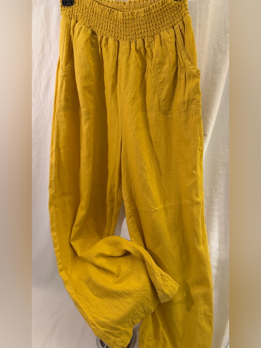 Mustard linen blend smocked thick waist lightweight wide leg pants  size L